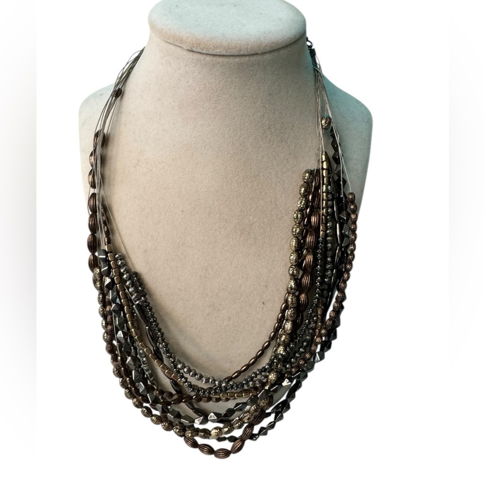 Brown and Gold Layered Beaded Faceted Necklace Multi Strand Boho Costume